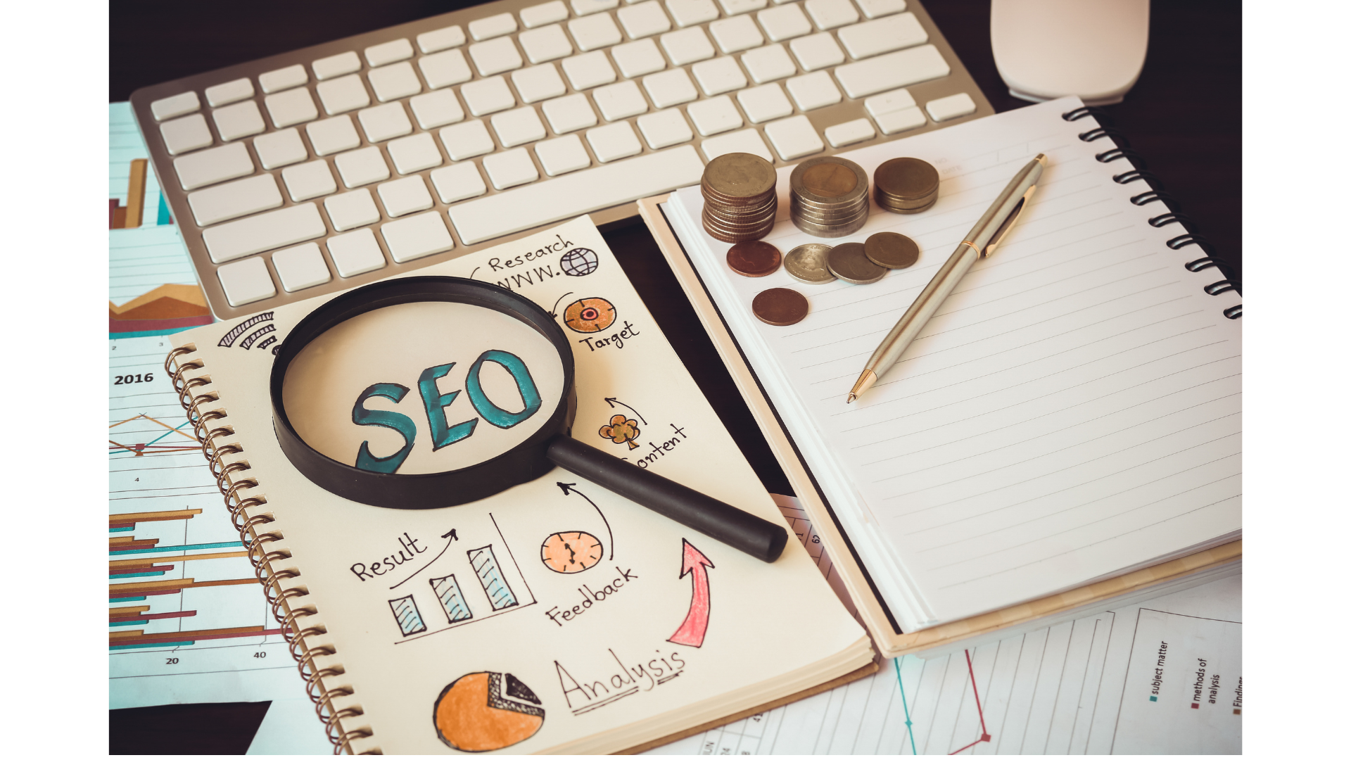 An image showing a magnifying glass and SEO keywords